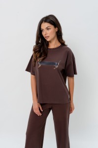 T-shirt damski brązowy pies jamnik Bopoco   