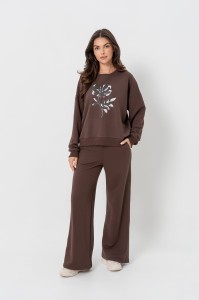 Brązowy dres damski komplet szerokie spodnie i bluza Bopoco