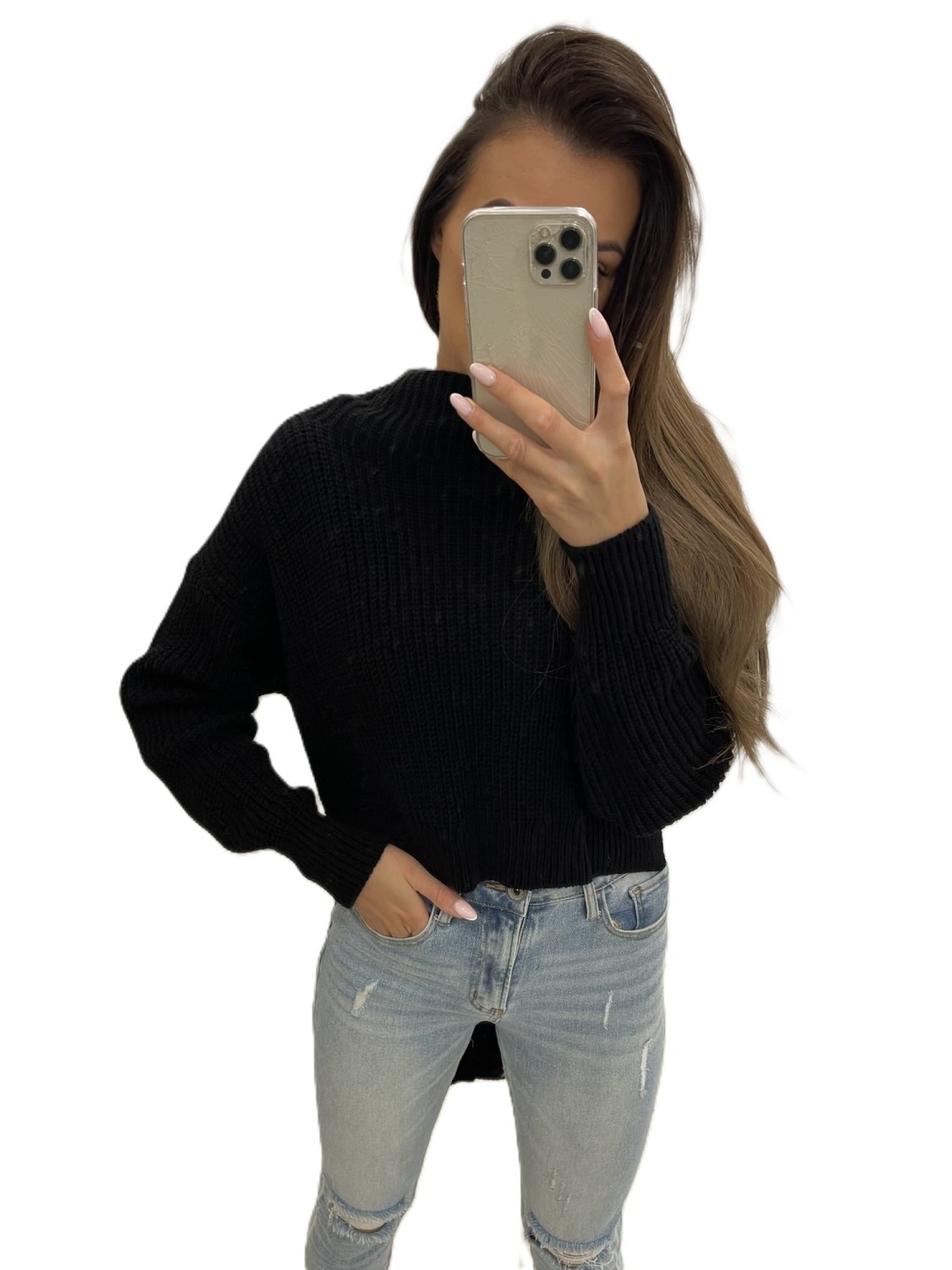 czarny sweter damski krótki przód, dłuższy tył Tmc Moda