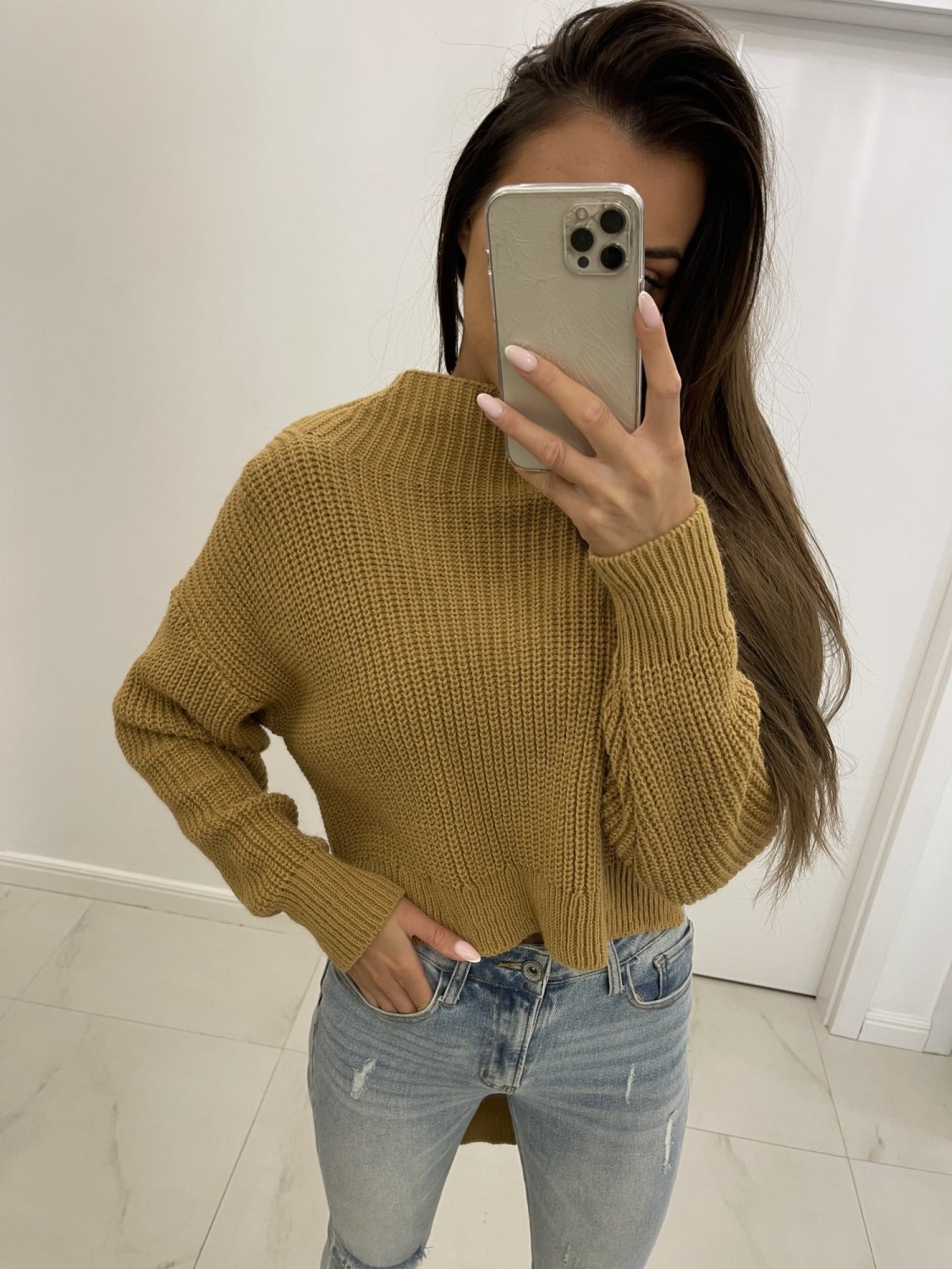 sweter damski krótki przód długi tył camel Tmc Moda