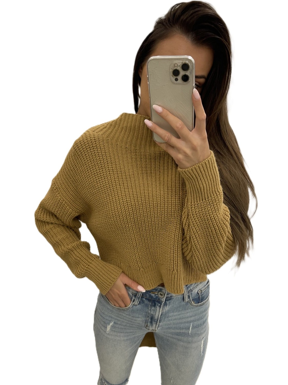 sweter damski krótki przód długi tył camel Tmc Moda