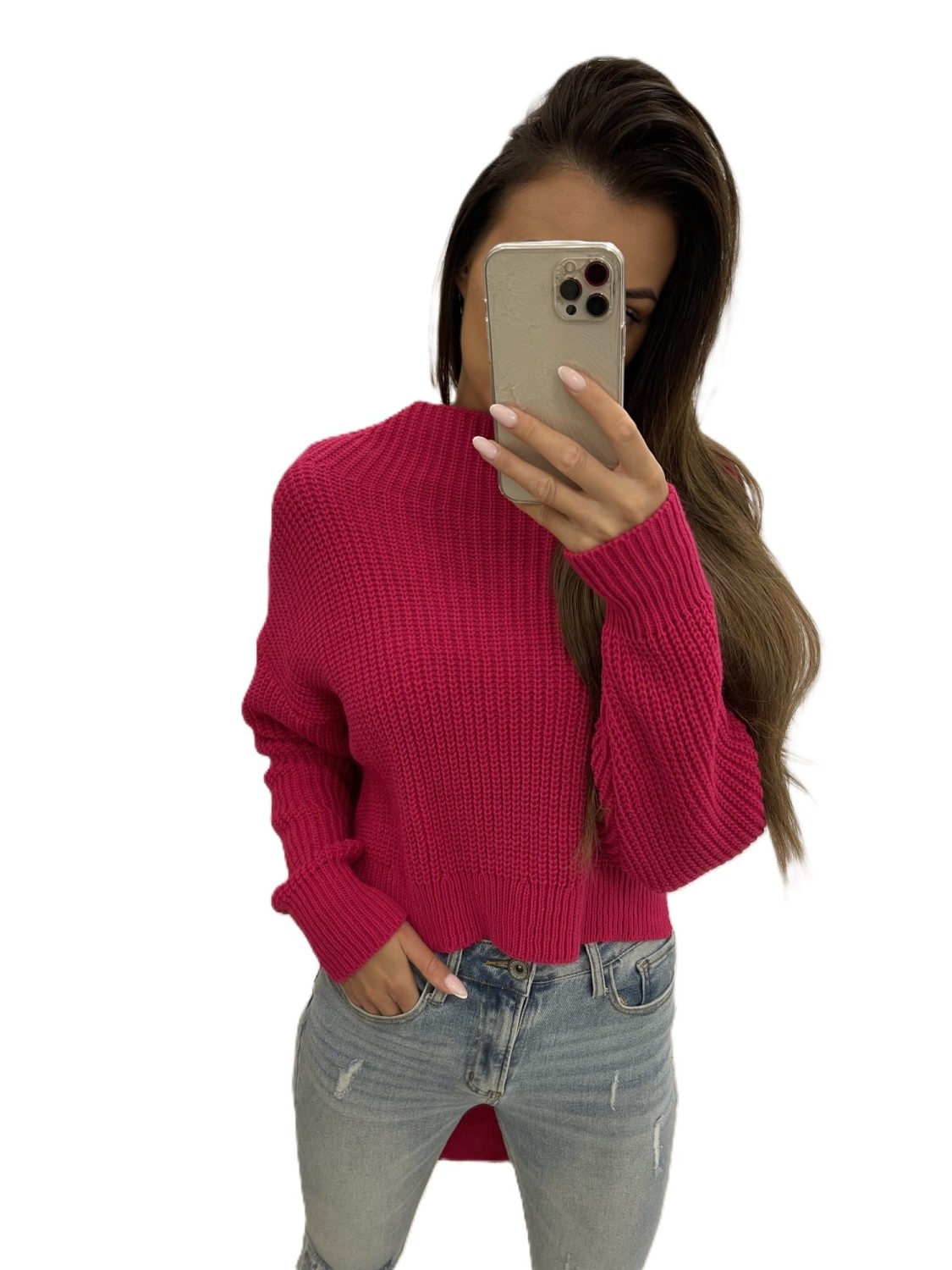 sweter damski krótki przód dłuższy tył fuksja Tmc Moda