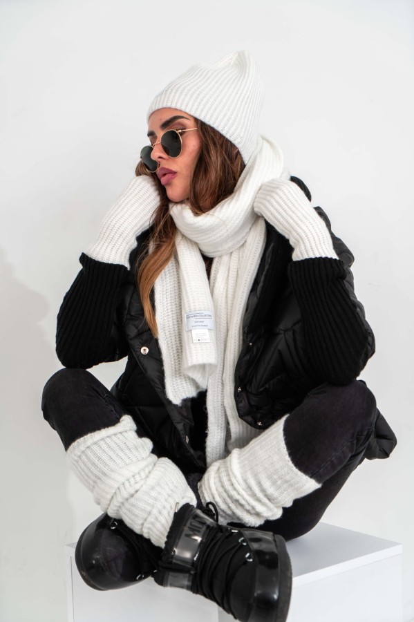 czapka szalik rękawiczki ocieplacze komplet damski biały Tmc Moda