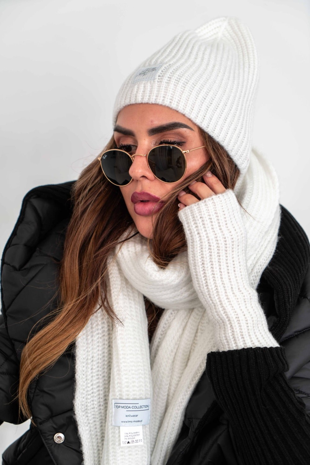 czapka szalik rękawiczki ocieplacze komplet damski biały Tmc Moda