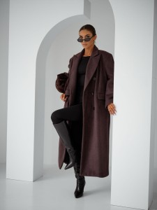 Długi płaszcz damski w jodełkę oversize brązowy Me Gusta