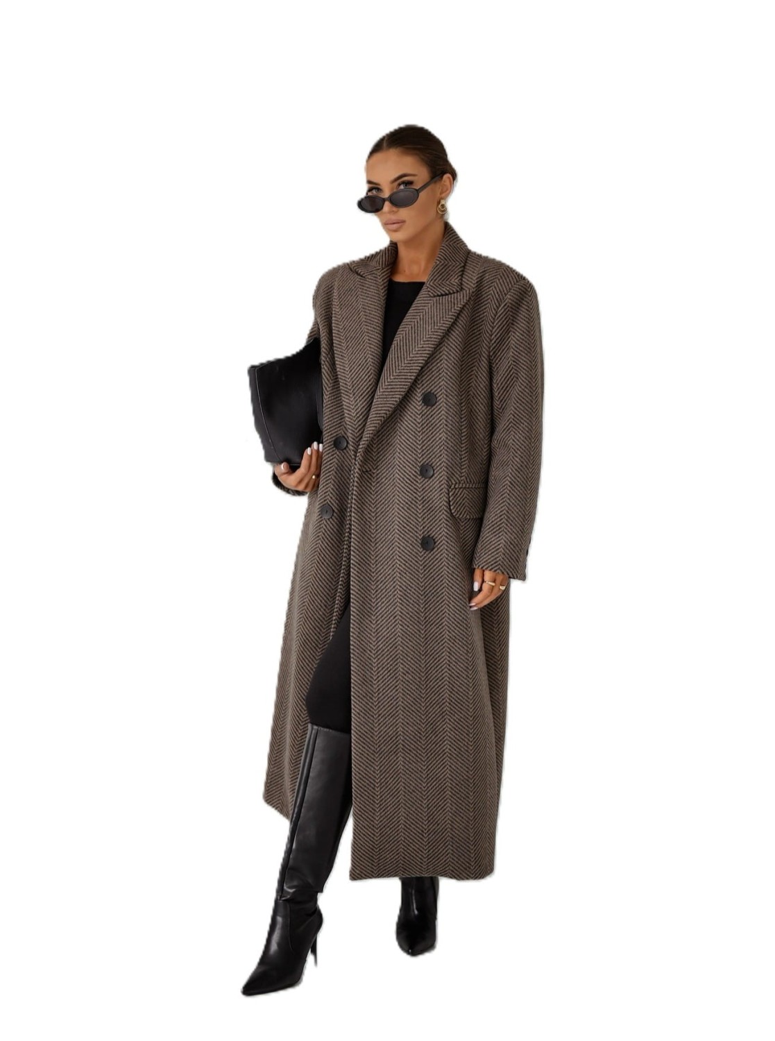 długi płaszcz damski w jodełkę oversize beżowy Me Gusta