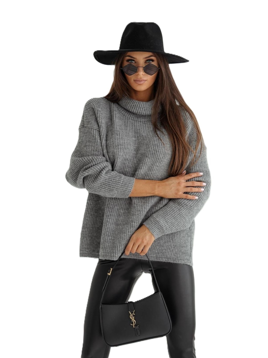 sweter damski z golfem oversize szary Me Gusta