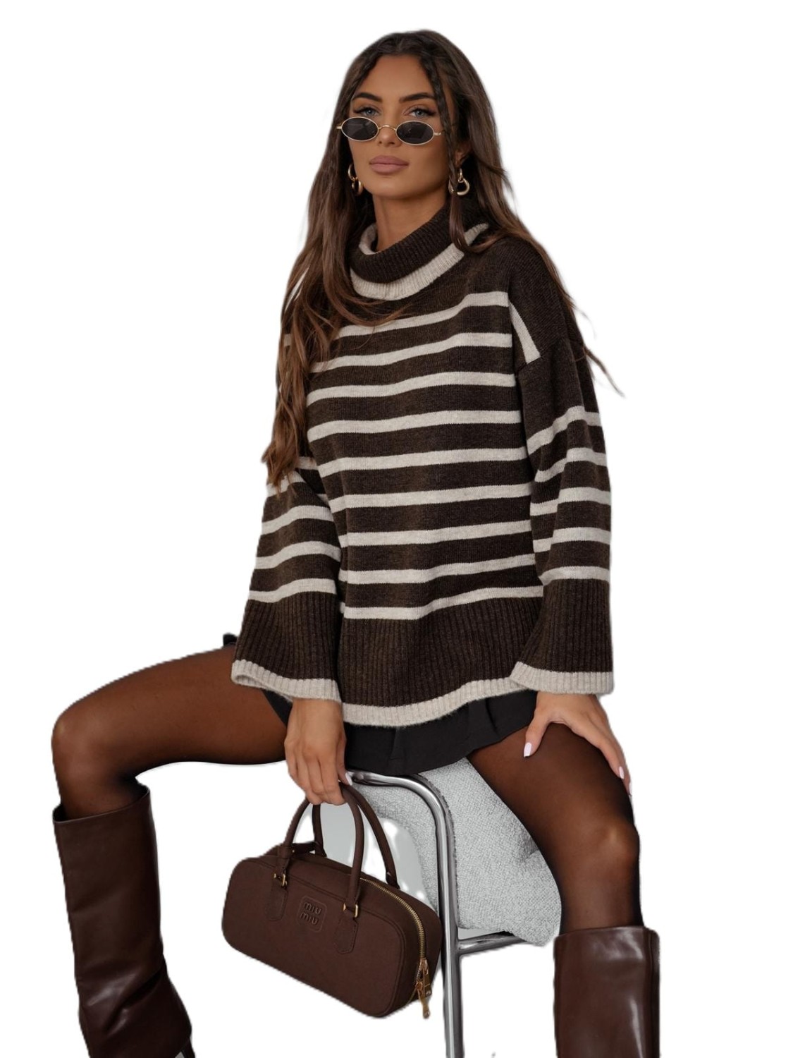 sweter damski w paski oversize Me Gusta brązowy beżowy golf