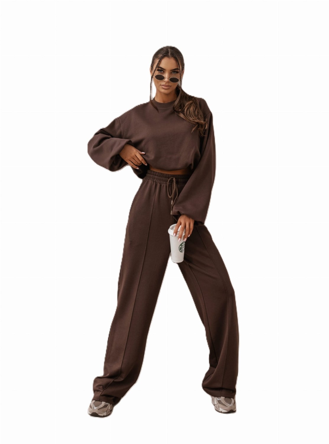 komplet dresowy damski szerokie spodnie i krótka bluza bombka brązowy Miluna