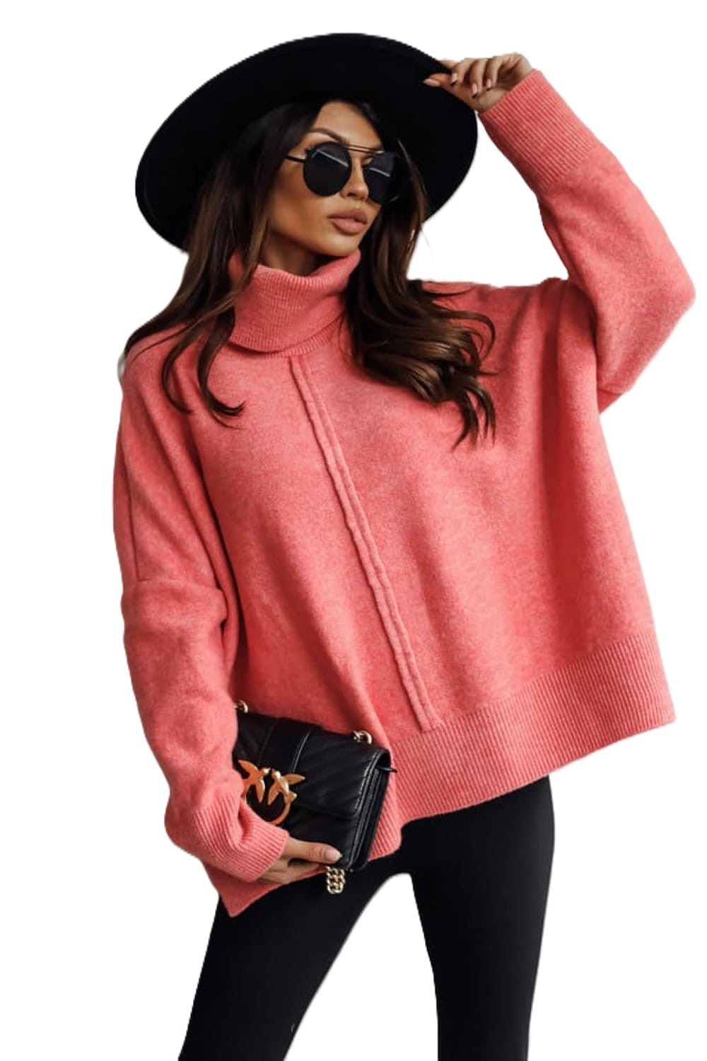 sweter damski z golfem i przeszyciem oversize koral ME Gusta