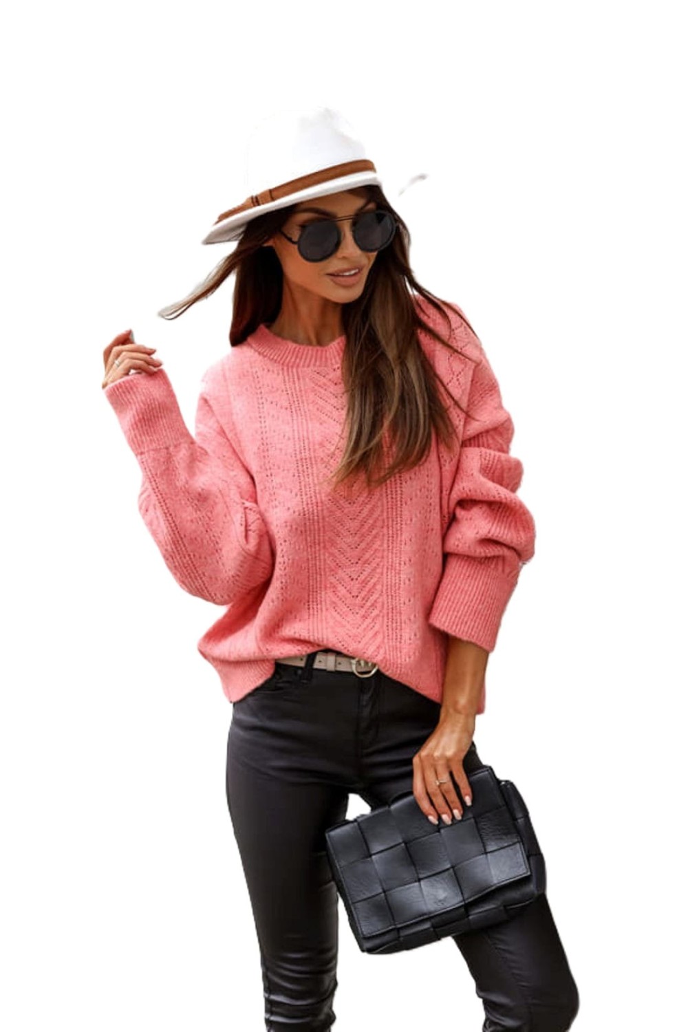 sweter damski ażurowy z kokardką koral Me Gusta