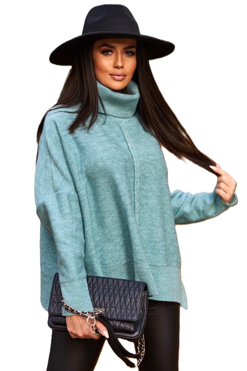 sweter damski z golfem i przeszyciem oversize mięta Me Gusta