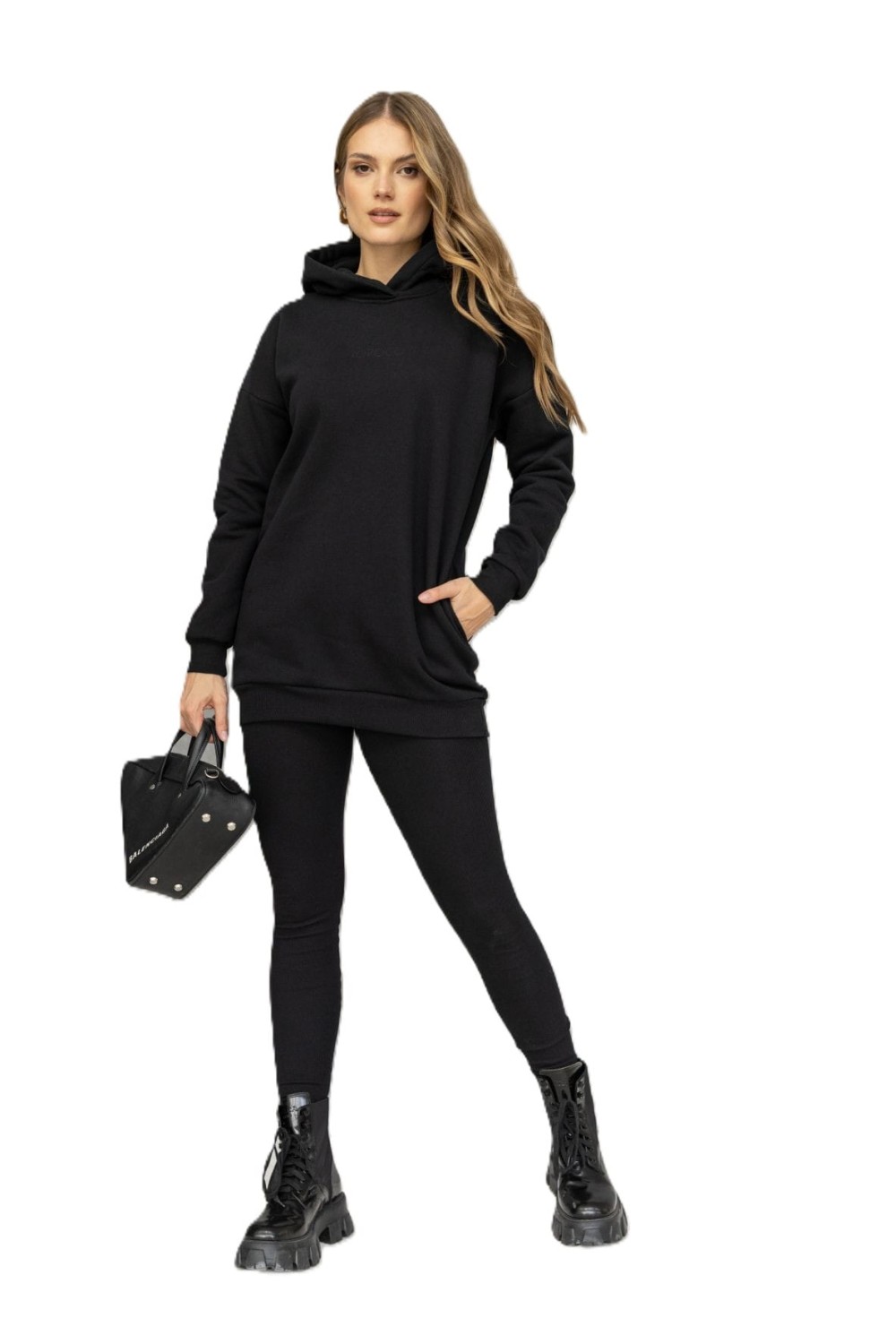 długa bluza damska z kapturem czarna Bopoco