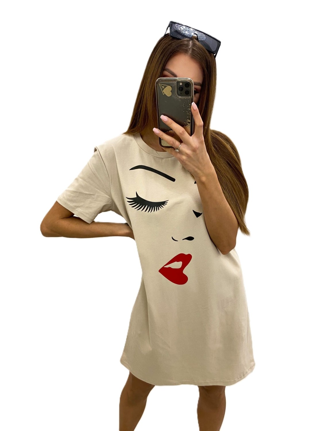 beżowa tunika damska twarz kobiety Tmc Moda