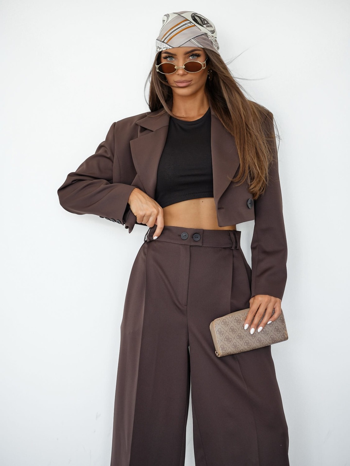 eleganckie spodnie damskie z szeroką nogawką brązowe me gusta