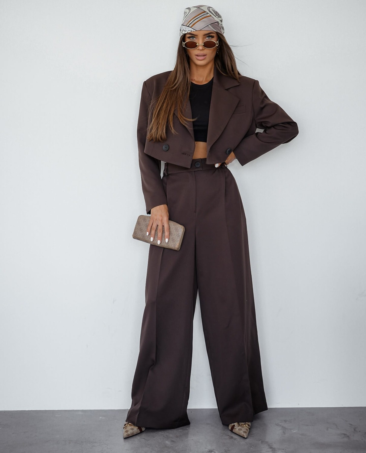 eleganckie spodnie damskie z szeroką nogawką brązowe me gusta