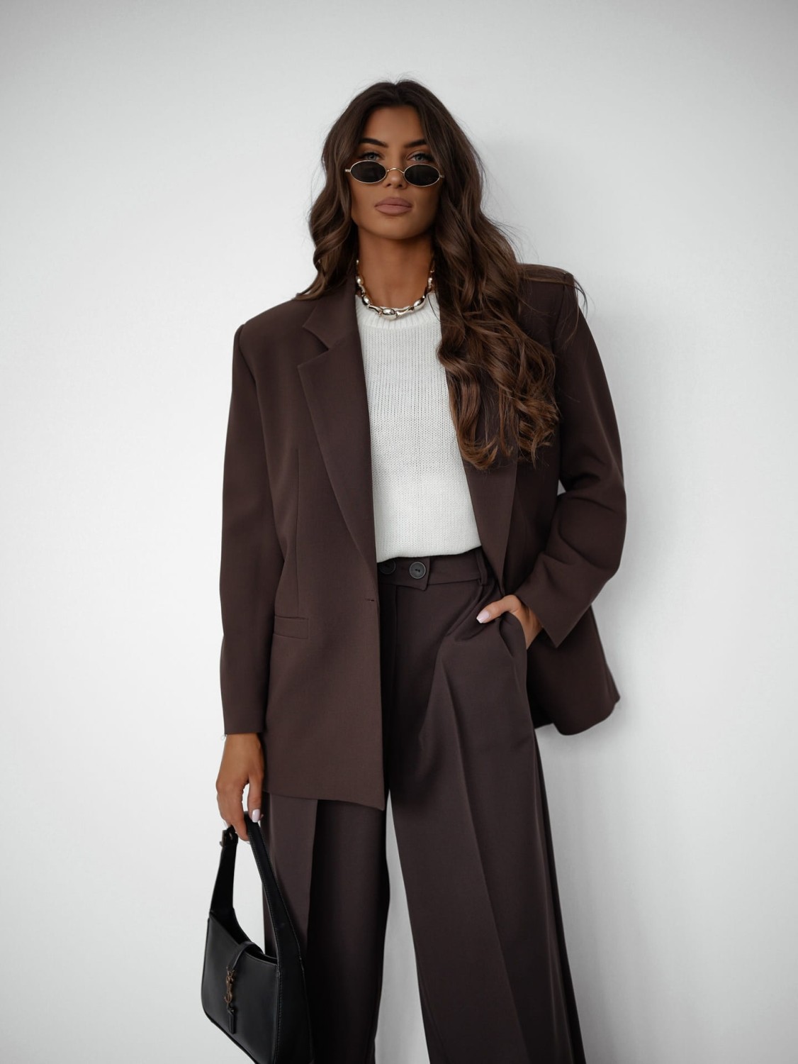 eleganckie spodnie damskie z szeroką nogawką brązowe me gusta