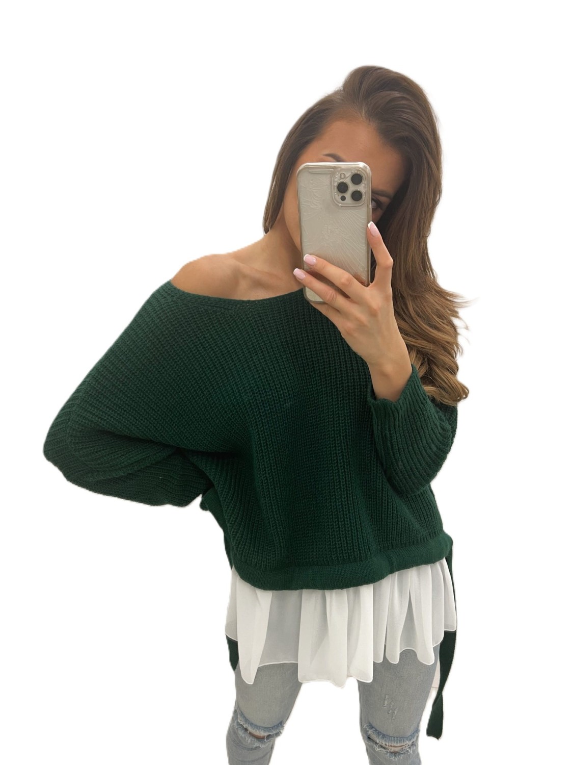 sweter damski oversize z falbanką zielony Tmc Moda
