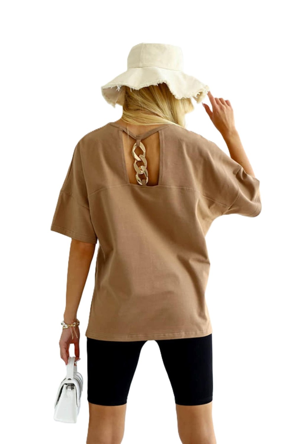 beżowy t-shirt damski oversize łańcuch Me Gusta