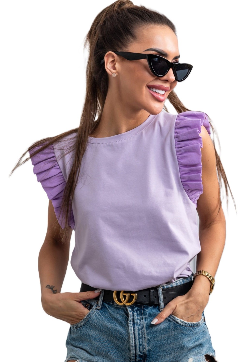 bluzka damska krótki rękaw motylki lila Tmc Moda