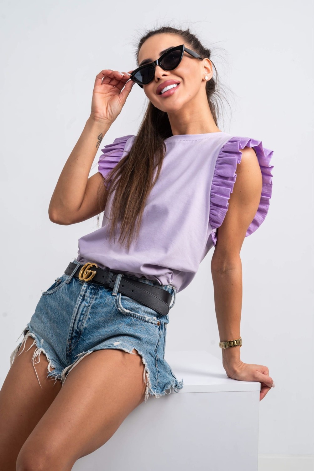 bluzka damska krótki rękaw motylki lila Tmc Moda