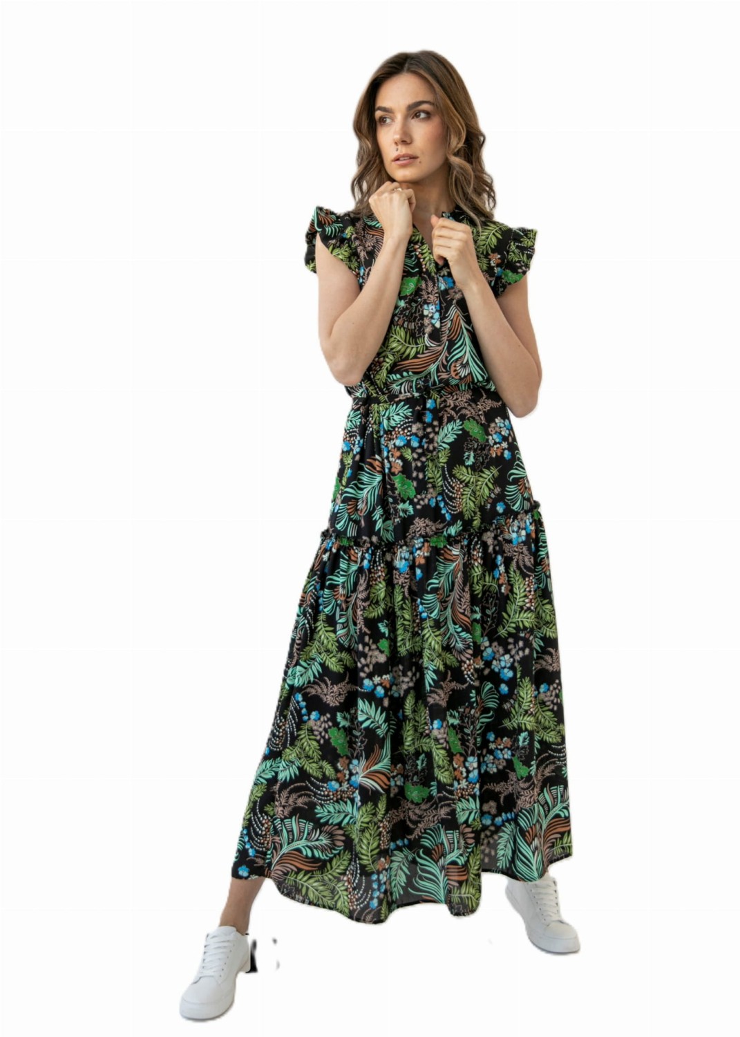 wzorzysta sukienka damska maxi krótki rękaw Bopoco