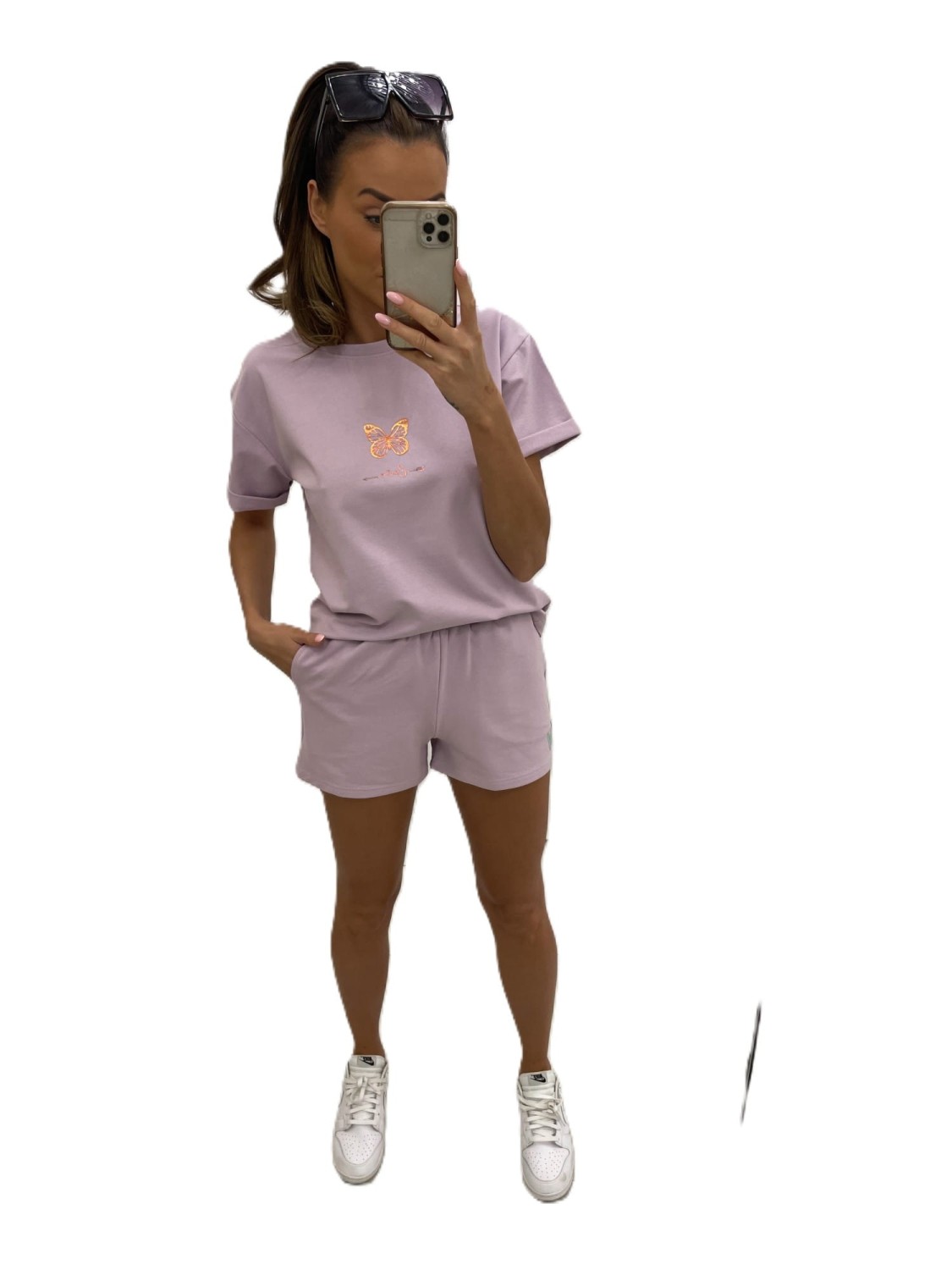 komplet damski spodenki i t-shirt butterfly fioletowy Tmc Moda