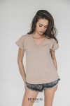 Beżowy t-shirt damski z dekoltem V basic Bopoco 