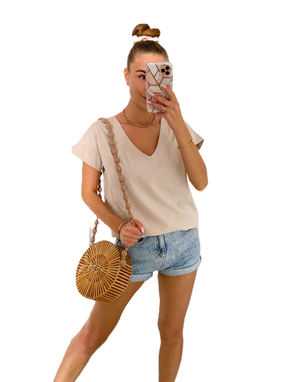 beżowa bluzka damska V neck przód tył Tmc Moda