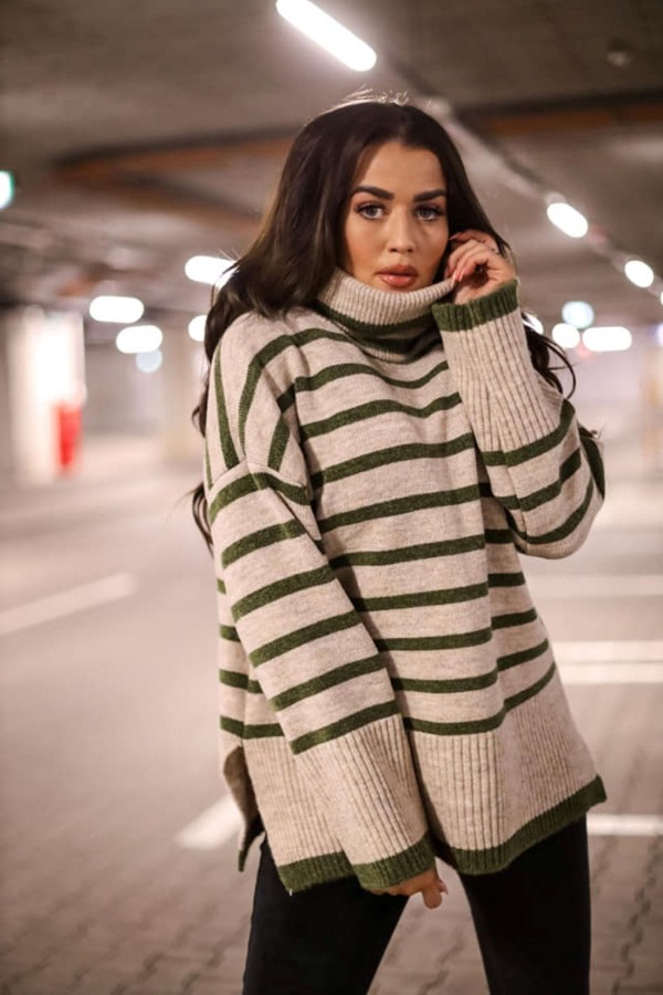 sweter damski golf paski beżowy khaki Me Gusta