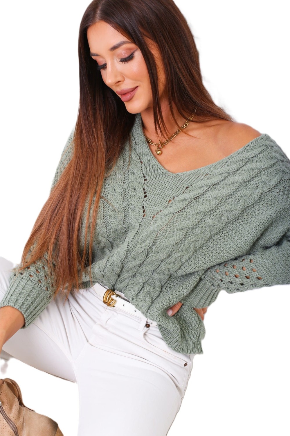 sweter damski dekolt serek warkocz ażur oliwka Tmc Moda