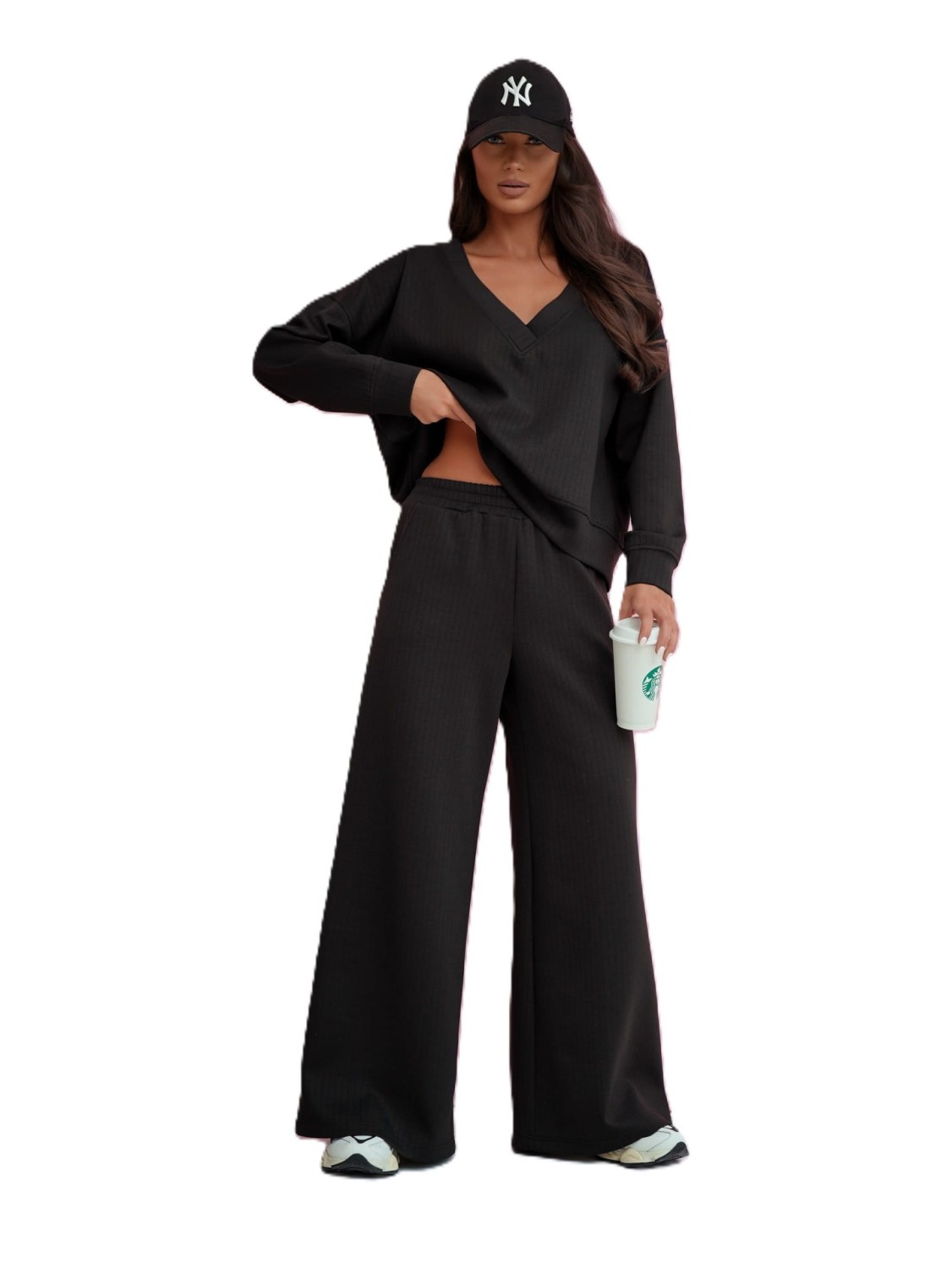 Me Gusta czarny dres damski komplet szerokie spodnie bluza z dekoltem V