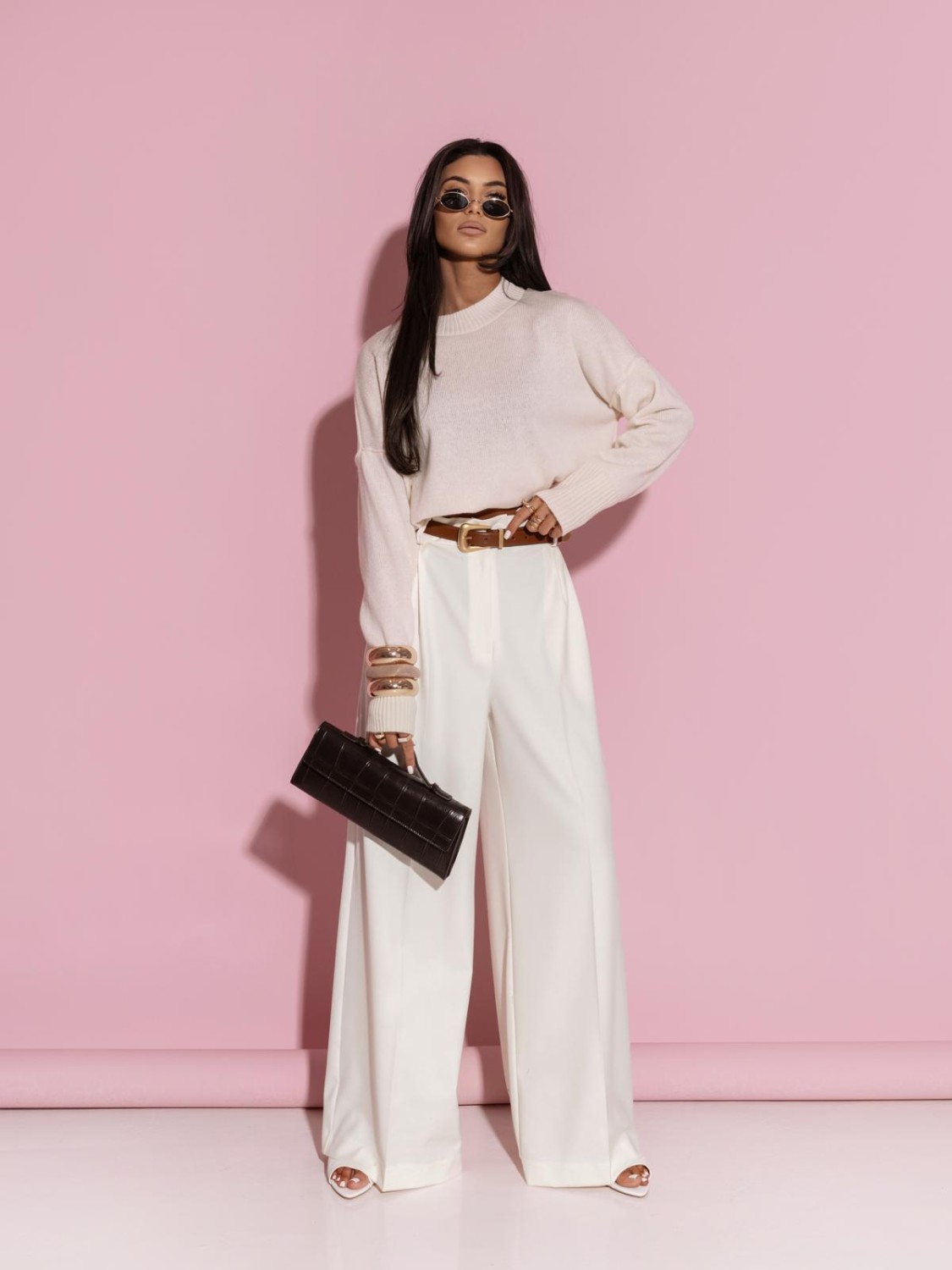 spodnie damskie z szeroką nogawką eleganckie śmietankowe Me Gusta