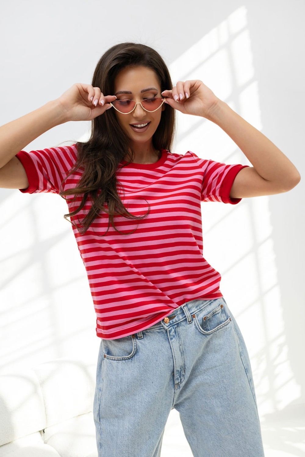Bopoco t-shirt damski w paski czerwono-różowe