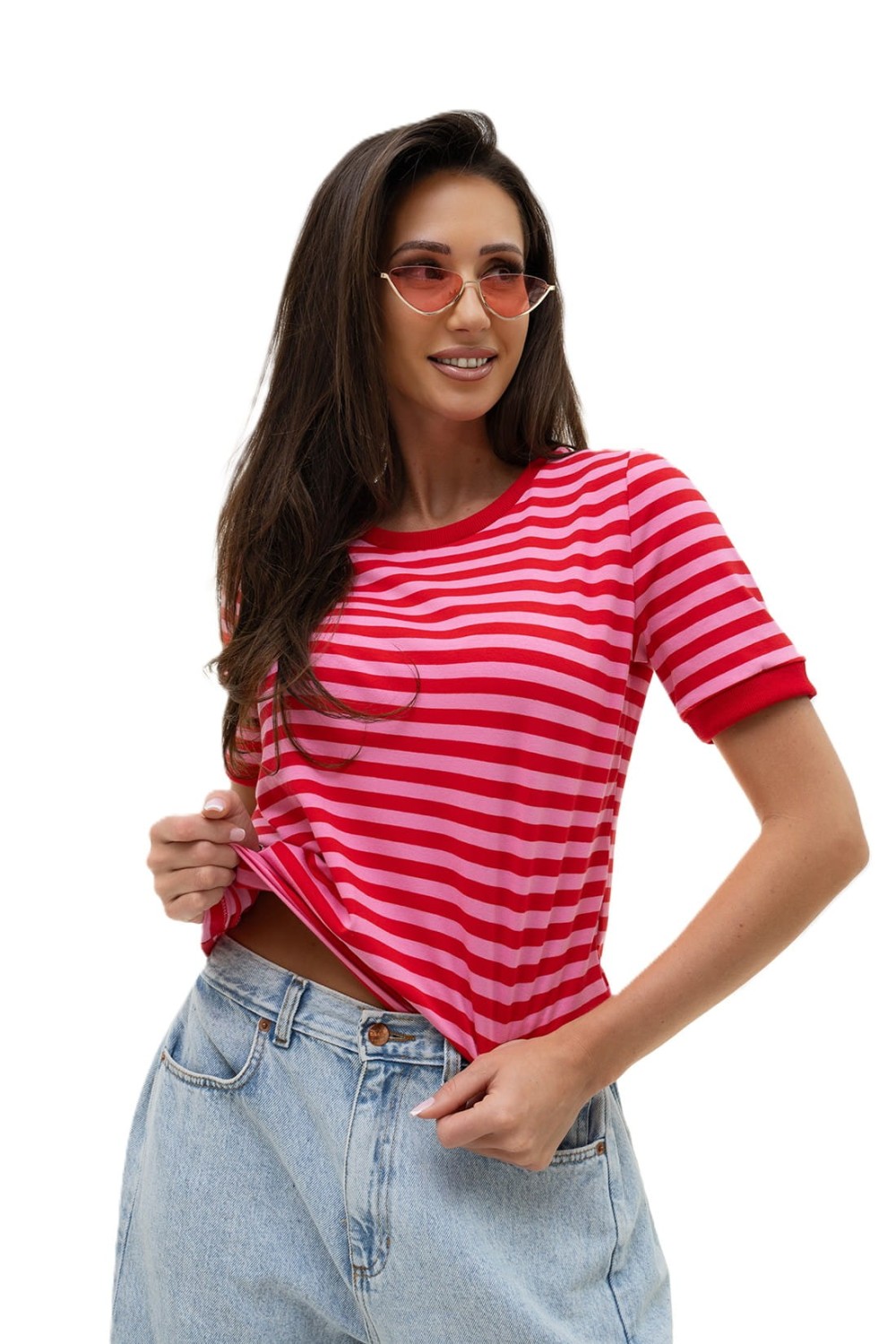 Bopoco t-shirt damski w paski czerwono-różowe
