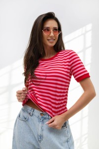 T-shirt damski w paski czerwony różowy Bopoco