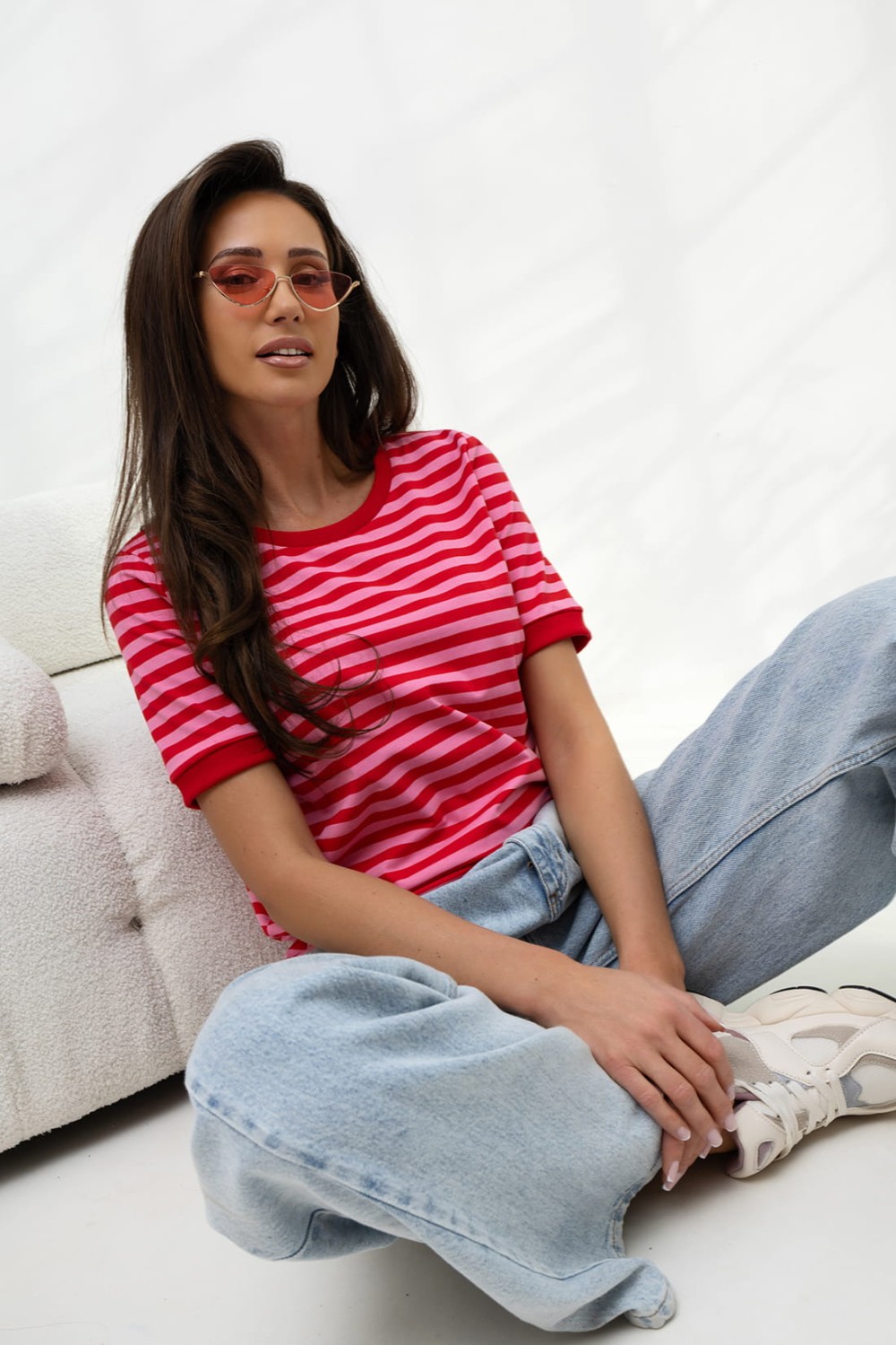 Bopoco t-shirt damski w paski czerwono-różowe