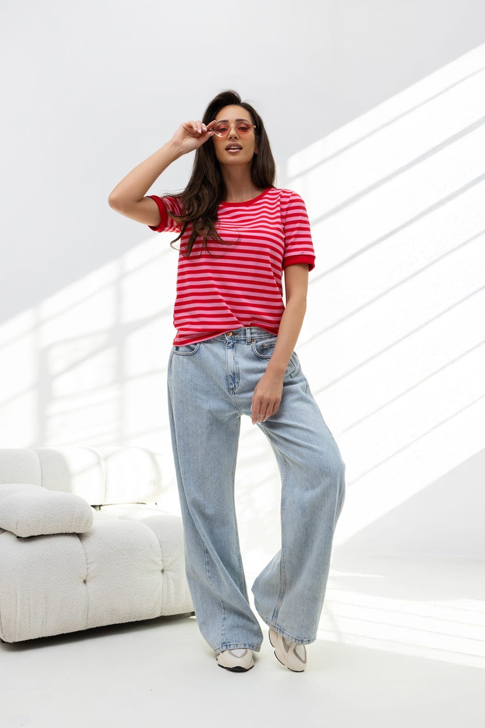 Bopoco t-shirt damski w paski czerwono-różowe