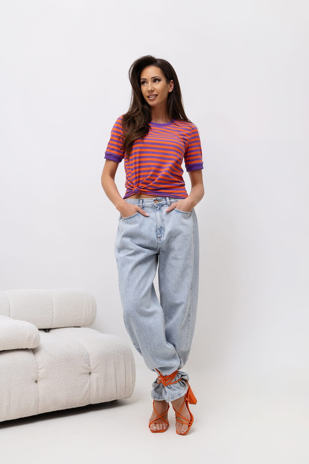 BOPOCO T-SHIRT DAMSKI W PASKI FIOLETOWO-POMARAŃCZOWE