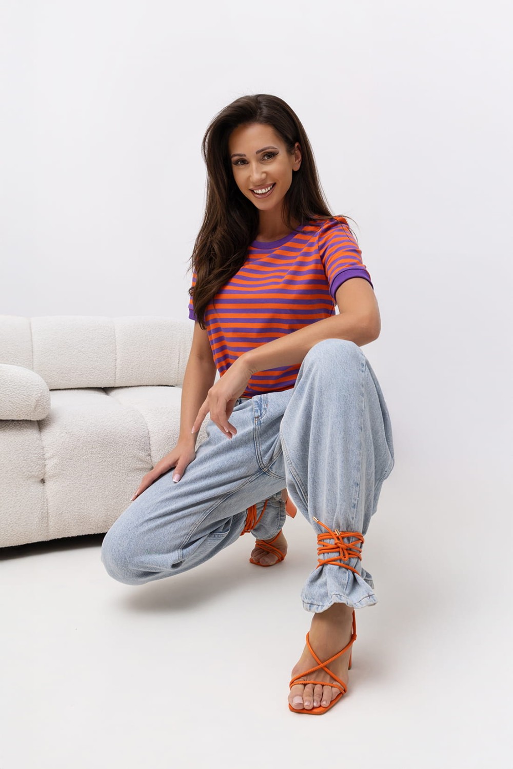 BOPOCO T-SHIRT DAMSKI W PASKI FIOLETOWO-POMARAŃCZOWE