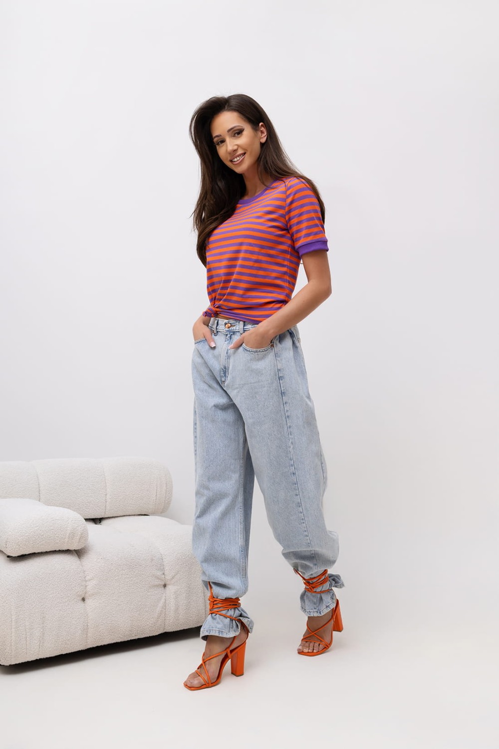 BOPOCO T-SHIRT DAMSKI W PASKI FIOLETOWO-POMARAŃCZOWE