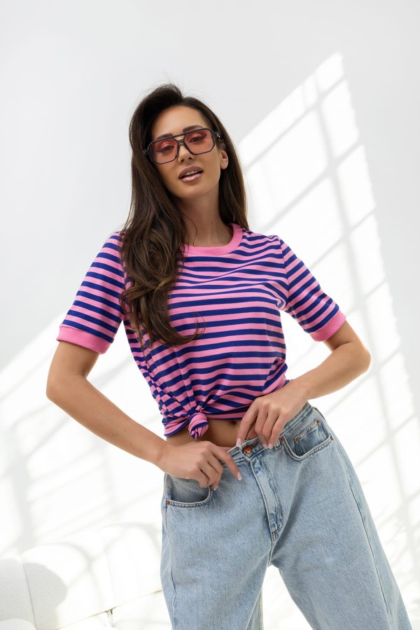BOPOCO T-SHIRT DAMSKI W PASKI RÓŻOWO-GRANATOWE