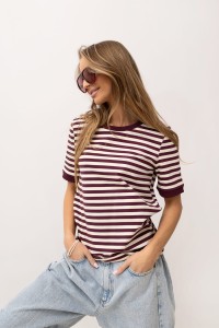 T-shirt damski w paski bordowy beżowy Bopoco   