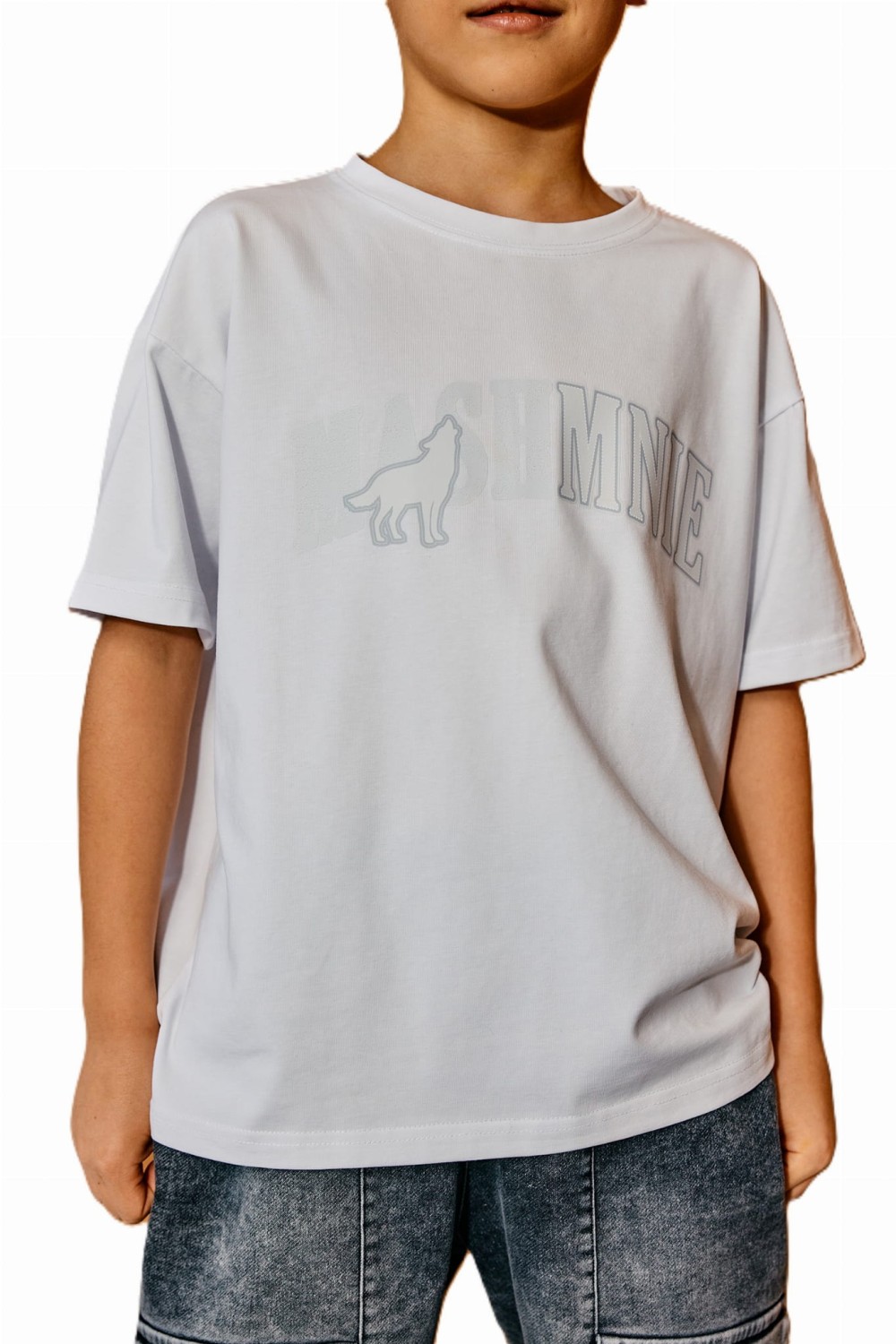 T-SHIRT DZIECIĘCY WOLF MASHMNIE BIAŁY BAWĘŁNA PREMIUM MODNY NADRUK UNISEX