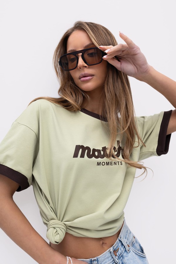 Modny T-shirt Damski Bopoco Zielony Brązowy / Bawełniana Koszulka z Nadrukiem