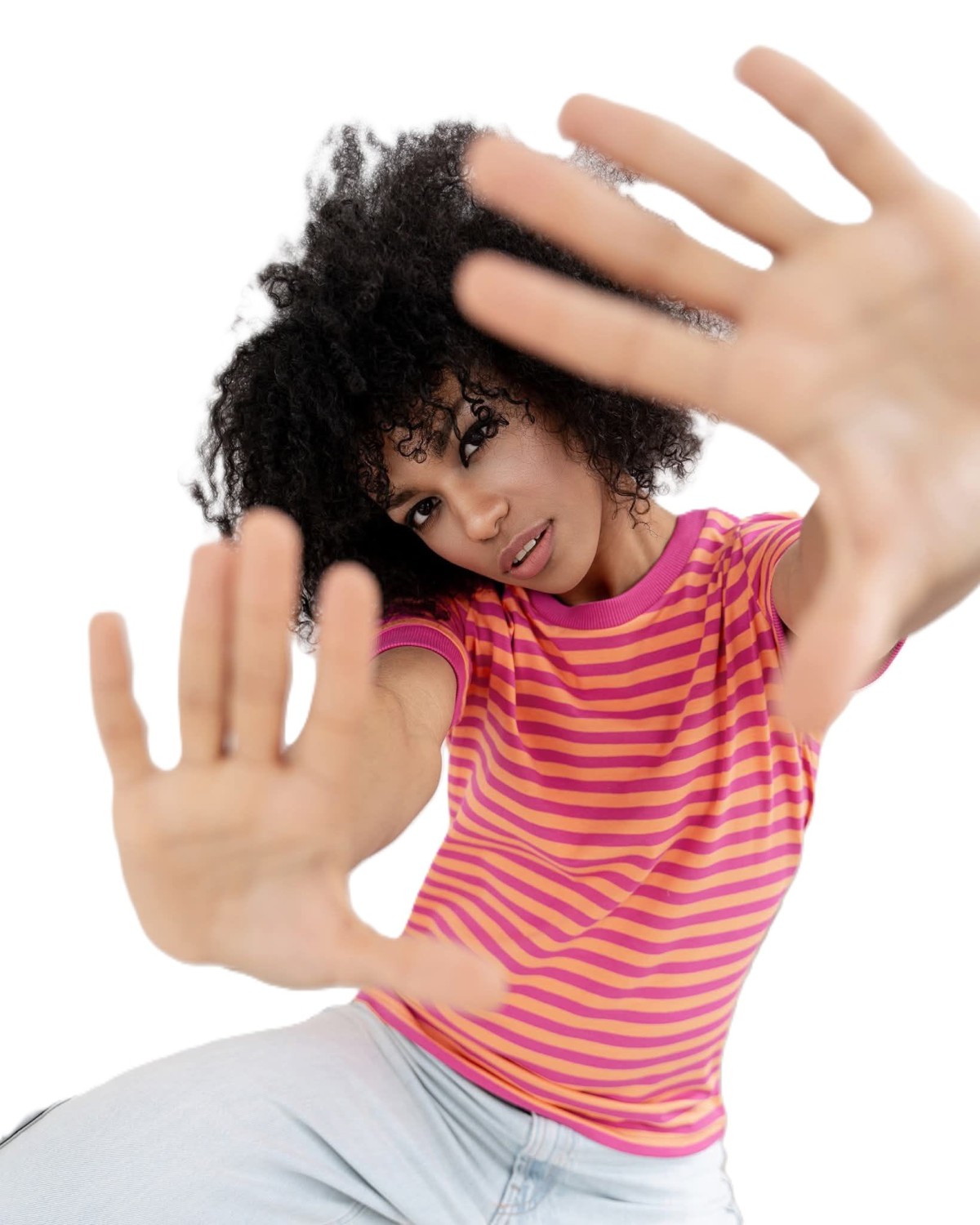 T-SHIRT DAMSKI W PASKI FUKSJOWO-POMARAŃCZOWE BOPOCO