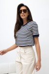 T-shirt damski w paski granatowy beżowy Bopoco 