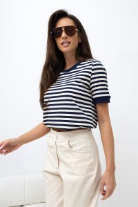 T-shirt damski w paski granatowy beżowy Bopoco 