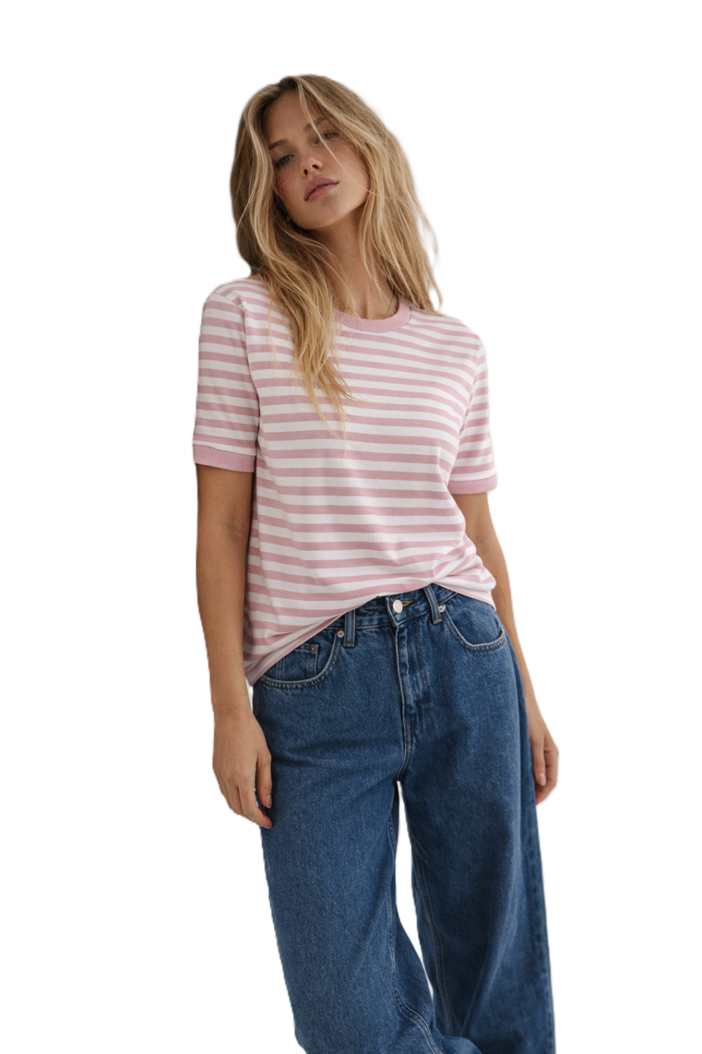 T-SHIRT DAMSKI W PASKI RÓŻOWY BIAŁY BOPOCO