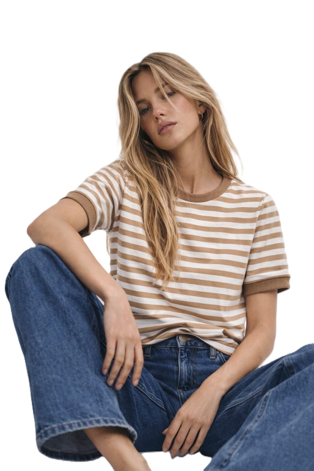 t-shirt damski w paski beżowo-białe Bopoco